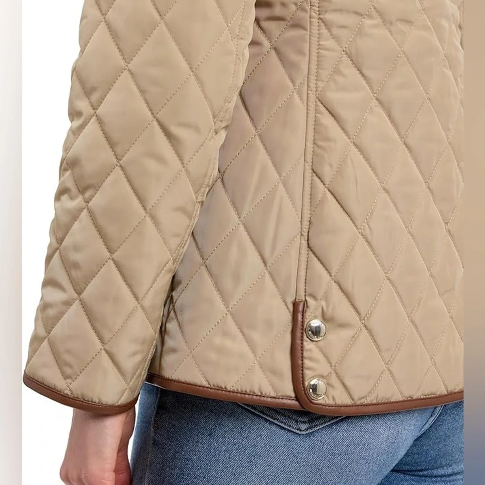 Michael Kors Quilted Jacket Tan Brown Trim Gold Zip Snap Coat Small